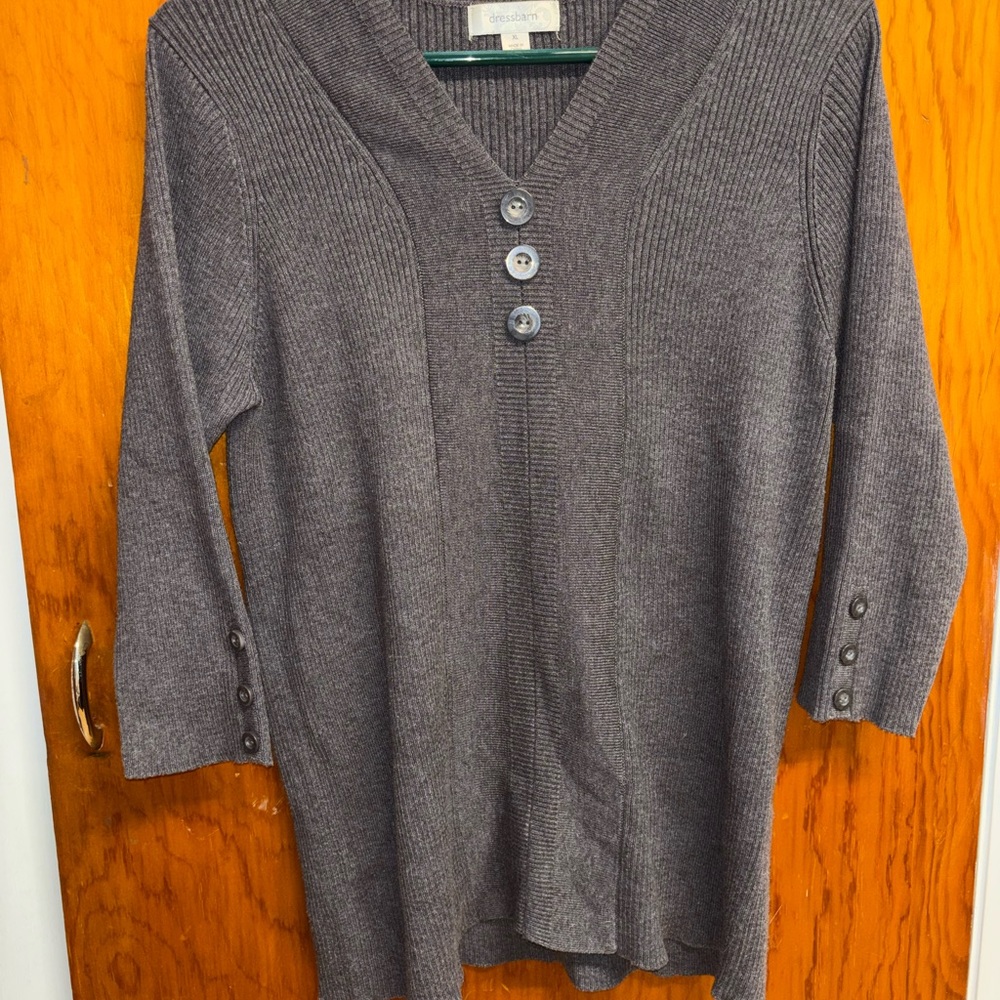 Dressbarn Charcoal Gray V-Neck Sweater with Button Detail (Size XL)
